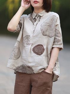 Ramie Cotton Loose Annual Ring Pattern Shirt Tops 1-FREE SIZE Women Cotton Tops, Cloth Reference, Linen Blouses, Dots Clothing, Adorable Style, Ring Pattern, Clothing Model, Half Sleeve Tops, Pattern Shirt