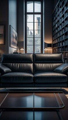 a black leather couch sitting in front of a book shelf