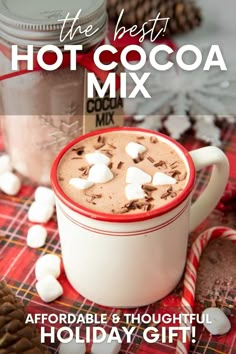 hot cocoa mix in a mug with marshmallows around it and the words, the best hot cocoa mix