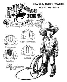 Buckaroo Bobbins Boys' Little Buckaroo Cowboy Western Shirt sizes 4-14 Sewing Pattern 5 Styles by BonniesPatternShop on Etsy https://www.etsy.com/listing/223812782/buckaroo-bobbins-boys-little-buckaroo Cowboy Character Design, Tack Board, Western Books, Cowboy Stuff, Kids Clothes Patterns, Cowboy Aesthetic, Leather Tooling Patterns, Cowboy Gear, Tooling Patterns