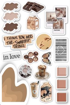 an assortment of stickers that include coffee, chocolate and other things in the shape of a heart