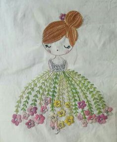 a drawing of a girl in a dress with flowers on it