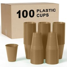 a set of brown plastic cups next to a cardboard box