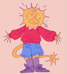 a drawing of a cartoon character with sun on his head and hands in the air