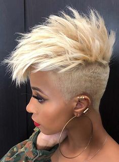 50 Short Hairstyles for Black Women | StayGlam Blonde Mohawk Black Women, Short Spiky Haircuts For Women Over 50, Shaved Hairstyles, Shaved Side, Short Spiky Haircuts, Short Spiky Hairstyles, Asymmetrical Hairstyles, Mohawks, Easy Hairstyles For Medium Hair