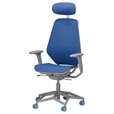 a blue office chair with wheels on the back and seat upholstered to the side