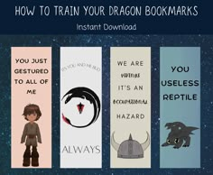 three bookmarks with the words how to train your dragon bookmarks