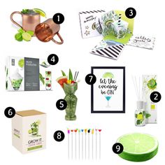 a collage of green items including cards, vases and greeting cards with the words get the evening be gin on them