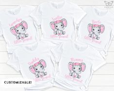 Elephant Baby Shower Shirts for family, Matching Mom & Dad Baby Shower Shirts Our designs are printed on high-quality gender-neutral shirts made of soft cotton. They are super soft, cozy, durable and come in unisex sizes.  *Need a specific size or COLOR? Send us a message & we will do our best to make it happen for you Please Note: Rolled sleeves in pictures is for styling purposes only SHIRT DETAILS Brand - Bella Canvas 100% Airlume combed and ringspun cotton (fiber content may vary for differe Unisex Printed White Tops, Unisex White Printed Tops, Customizable Cute White T-shirt, Cute Printed White Shirt, Personalized Name Print White Shirt As Gift, White Shirt With Name Print For Gift, White Cotton Top For Gender Reveal, White Family Matching Tops, White Short Sleeve Tops For Gender Reveal