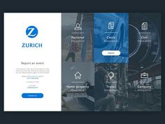 the landing page for zurch's website is shown in blue and white colors