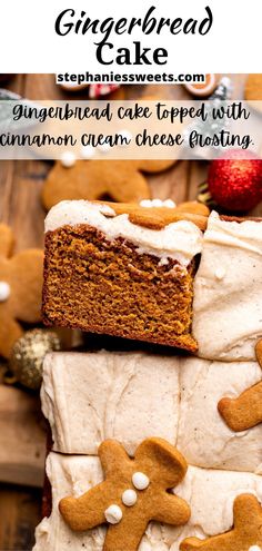 gingerbread cake with cinnamon cream cheese frosting on top and two pieces cut out