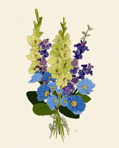 a bouquet of blue and yellow flowers on a white background