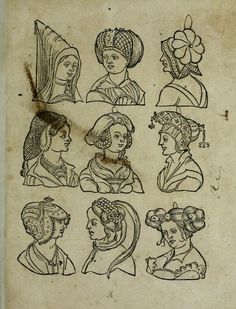 an old book with drawings of women's heads