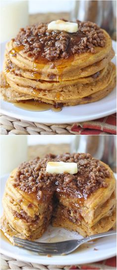 pancakes with syrup and butter on top are stacked on each other, ready to be eaten