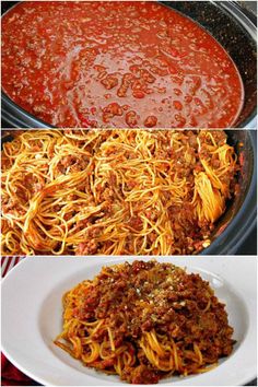 three different pictures with spaghetti and sauce in them