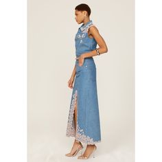 Blue denim (100% Cotton). Maxi. Back zipper closure. 38" from waist to hemline. Imported. Denim Lace Skirt, Rent The Runway, Denim And Lace, Cotton Maxi, Closet Designs, Paco Rabanne, Matching Top, All About Fashion, Denim Skirt