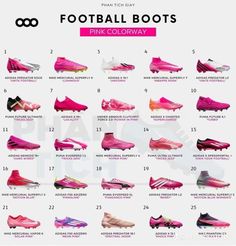 the pink football boots are all in different sizes and colors, with numbers on each side