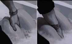 two pictures of someone's feet in the bathtub