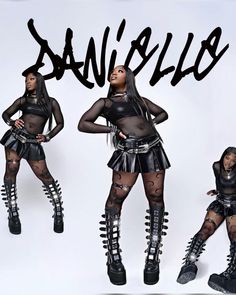 three different images of a woman in black and white clothes with chains on her legs