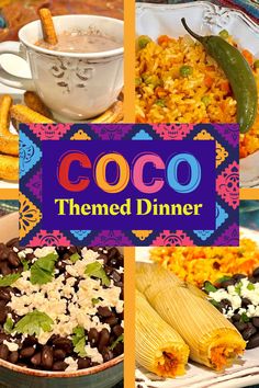 the collage shows different types of mexican food and drinks, including rice, black beans, corn