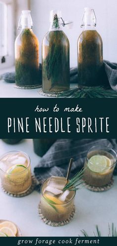 how to make pine needle sprite in glass bottles with rosemary garnishes