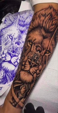 a man's arm with a lion tattoo on it, and an image of the head