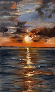 an oil painting of the sun setting over the ocean with clouds in the sky and water below