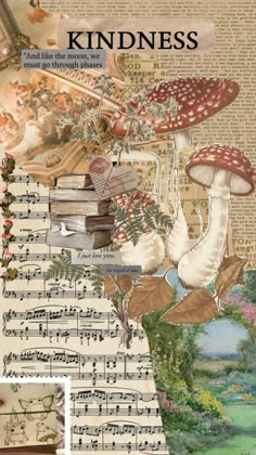 a collage of images with words and pictures on them that include mushrooms, music sheets,