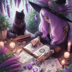 a woman sitting at a table next to a black cat with purple hair and wearing a witches hat