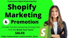 a woman standing in front of a green background with the words shopify marketing and promotion