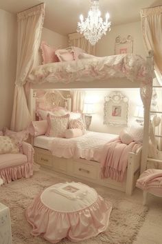 a white and pink bedroom with a chandelier hanging from it's ceiling