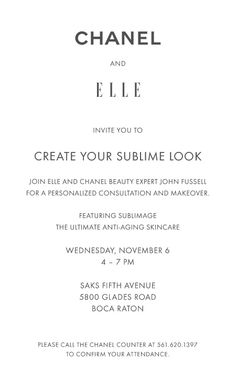 the front and back of a chanel and elie event card, with text on it