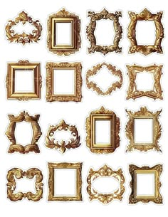 an assortment of gold frames with ornate designs on the front and back, all in different sizes