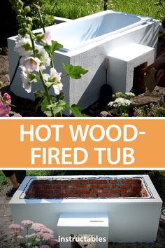 an outdoor fire pit made out of cinder blocks and bricks with text overlay that reads hot wood fired tub