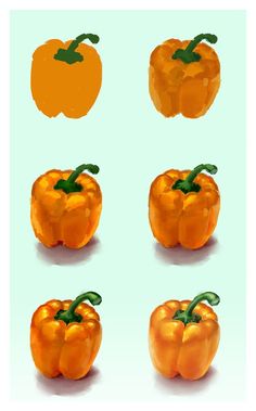 an orange pepper is shown in four different positions, including the top half and bottom half