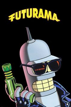 a cartoon character wearing sunglasses and holding a green object in his hand with the words futurama written on it