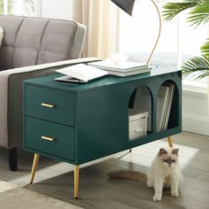 a white cat sitting under a green cabinet next to a gray couch with a lamp on it