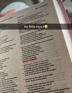 an open bible with the words'the bible says it'in pink and white