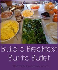 the breakfast buffet is ready to be eaten with eggs, spinach and other foods