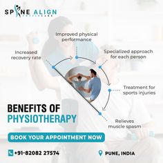 With Dr. Ruchi Radadiya at Spine Align, relief is within reach  Schedule your physiotherapy session online or offline now Call +91 8208227574.📅   ADDRESS:  205, Nirvana Complex, road, opposite Seasons Mall, Magarpatta, Hadapsar, Pune, Maharashtra 411013  #PainFreeLiving #PhysiotherapyMagic #SpineAlign #HolisticHealing #physiotherapy #physiotherapysessions Benefits Of Physiotherapy, Physiotherapy Creative Ads, Physiotherapy Social Media Posts, Physiotherapy Ads, Physiotherapy Poster, Physical Therapy Quotes, Clinic Room, Healthcare Ads, Rehabilitation Centre