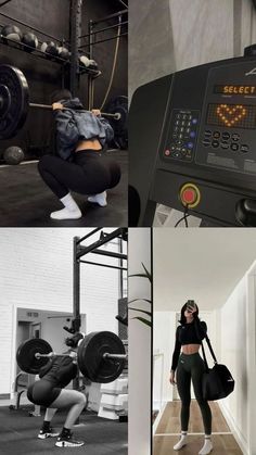 a woman squatting down in front of a gym machine