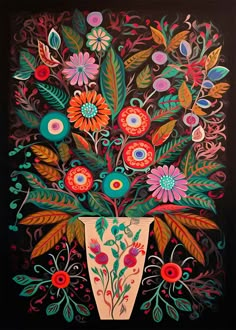 a painting of flowers in a vase on a black background with red, blue and green leaves