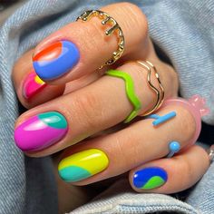 Short Squoval, Multicolored Nails, 2023 Nails, Beach Nails