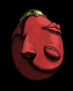 a drawing of a red apple with a face on it's side, in the middle of a black background