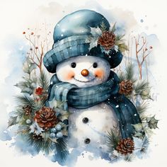 a watercolor painting of a snowman wearing a blue hat and scarf with pine cones