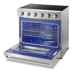 an oven with the door open and it's light on, is shown in stainless steel