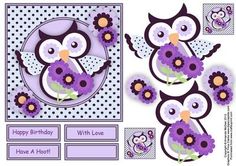 an owl birthday card with flowers and polka dots