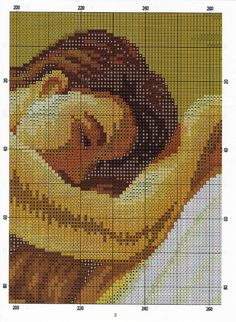 a cross stitch pattern with a woman's head and arms wrapped in a blanket