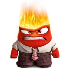 the angry man is wearing a tie and standing in front of a white background with fire