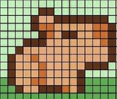 a cross stitch pattern of a teddy bear in brown and green colors, on a light green background